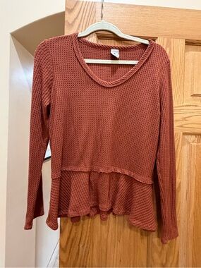 Paper Crane Waffle Knit Long Sleeve Peplum Top - Rust